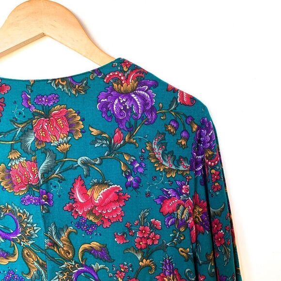 Vintage Alfred Dunner Teal Floral Damask Print Short Sleeve Shirt - Picture 7 of 9